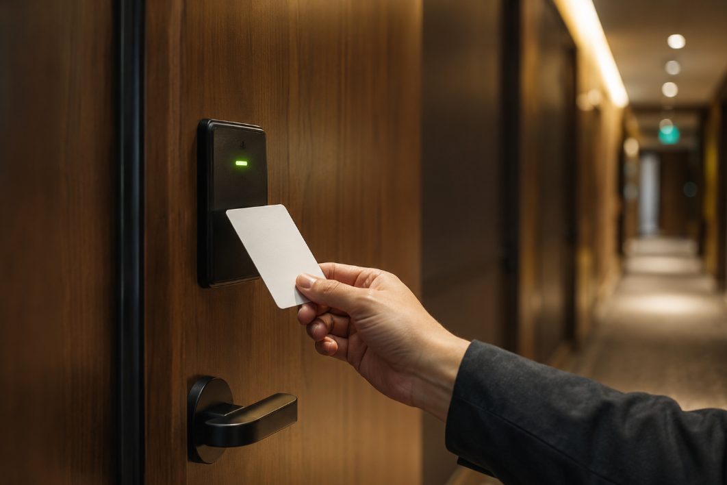 Tarjeta de proximidad ante el lector de una habitación de hotel con la luz verde encendida
